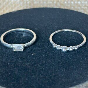 Set of 2 Silver Rings-Size 10-Bead Accents and Rectangular Rhinestone